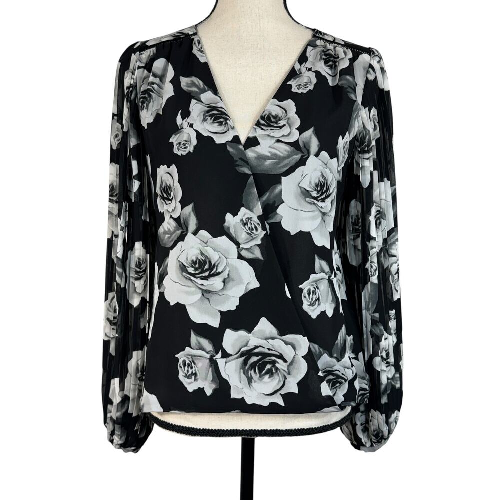WHBM SZ 4 Top Floral Lined Long Pleated Balloon Sleeves Hi-Low Surplice V-Neck